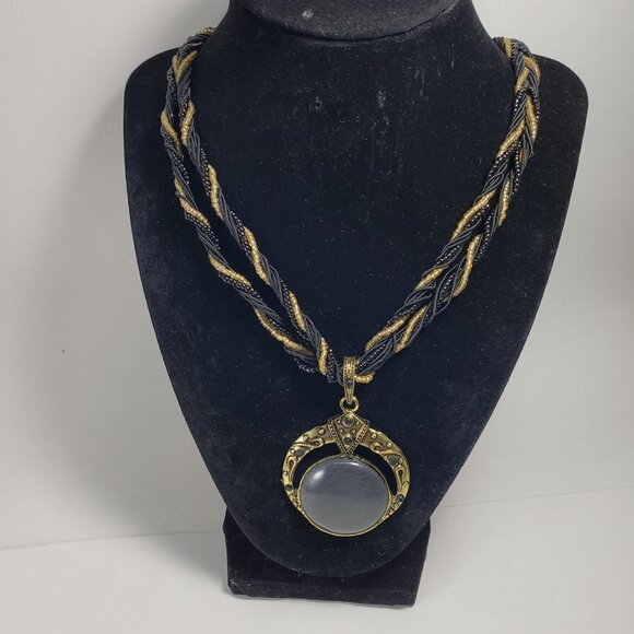 Women’s Statement Layered Gold Beaded Necklace Set – Circle Pendant + Earrings - Picture 10 of 12